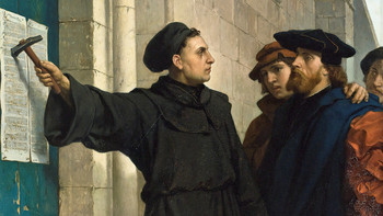 Gemälde von Ferdinand Pauwels von 1872 mit dem Titel „Luthers Thesenanschlag“. Zu sehen ist Martin Luther, wie er gerade mit einem Hammer seine 95 Thesen an die Wittenberger Schlosskirchentür geschlagen hat. Andere Menschen schauen ihm dabei zu.