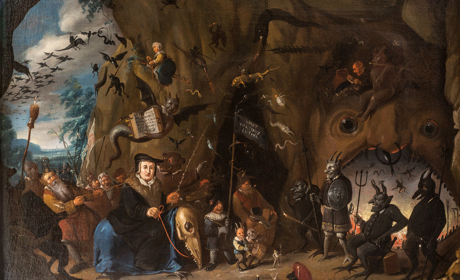 Luther in hell is a typical image of the Catholic Reform. Various demons greet Luther, who is seen riding a demon through the cave entrance to hell on the left. Flying over him is another demon, who presents his German translation of the Bible. At the right edge of the picture are three creatures guarding the Hellmouth, looking gleefully back at Luther.